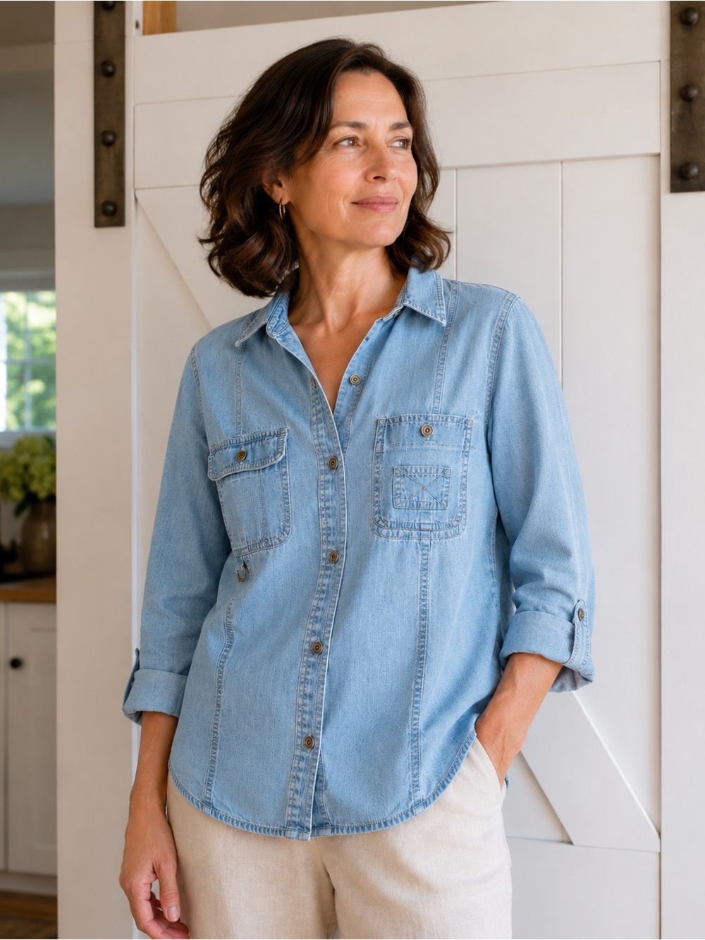 Light Wash Denim Button-Up Shirt. BB26